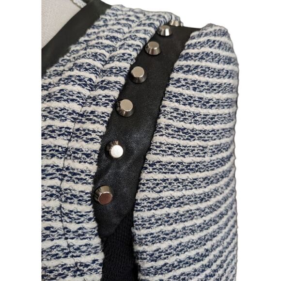 McGinn Blue & White Stripped Tweed Moto Jacket Studded Faux Leather Trim Sz S - Picture 9 of 15